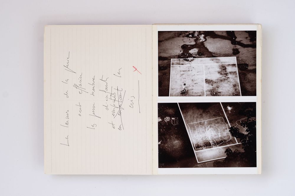 Open journal with handwritten notes on left page and three vintage photographs arranged on right page.