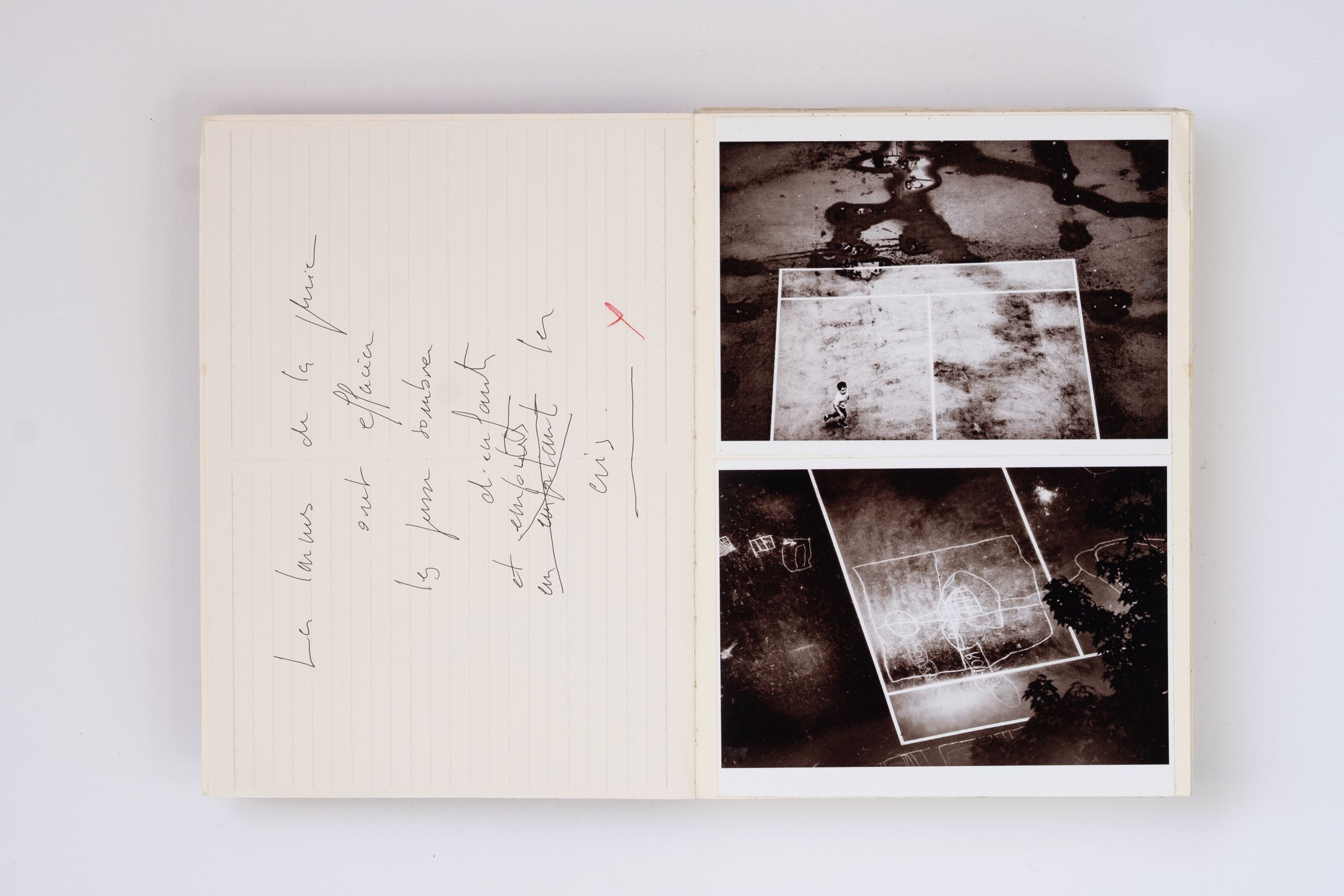 Open journal with handwritten notes on left page and three vintage photographs arranged on right page.