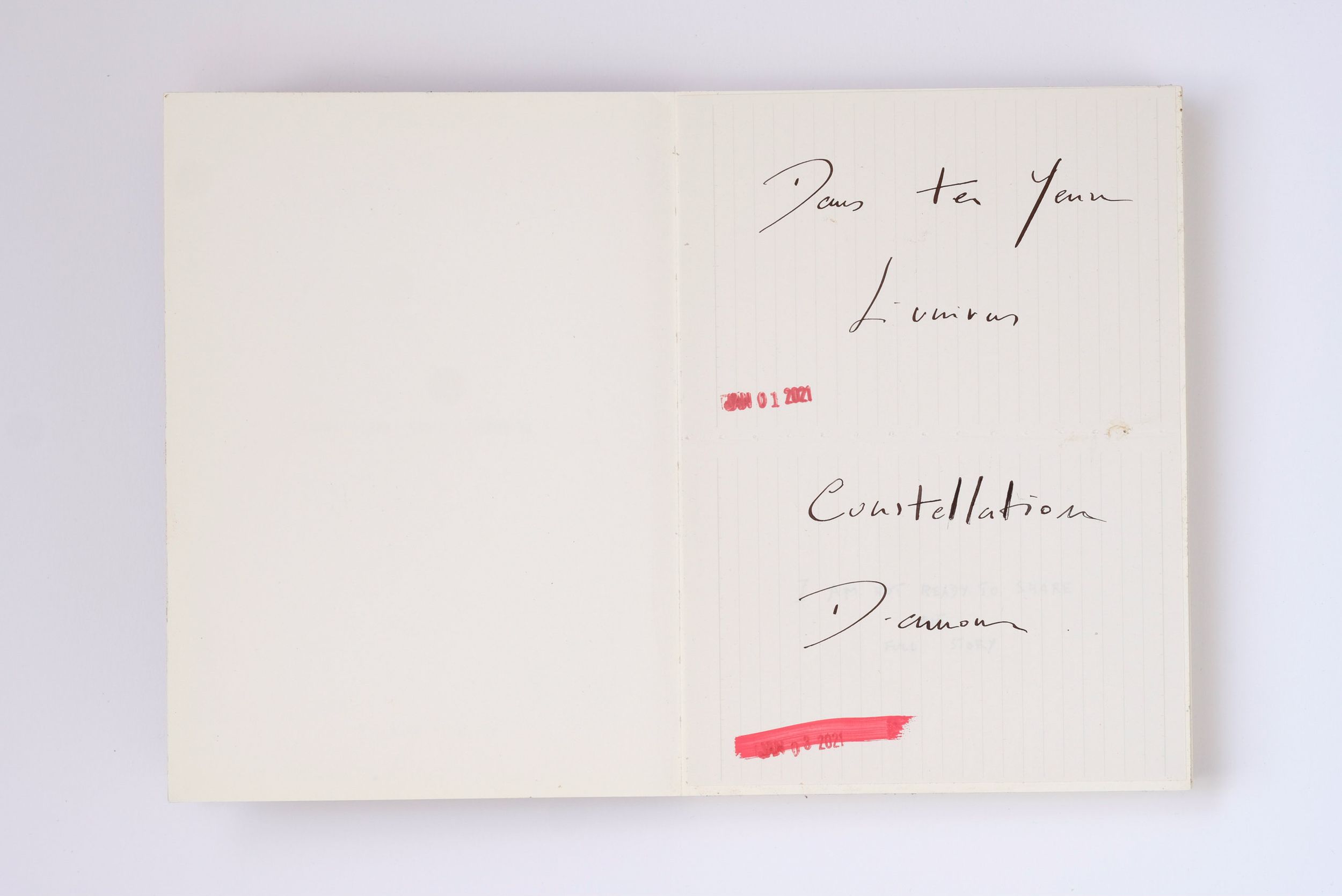 Open book with handwritten inscription reading For You, Lemais, Constellations, Damour on white pages.