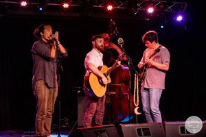 Three musicians perform on stage, one playing guitar, one on bass, and one with a harmonica under colorful lights.