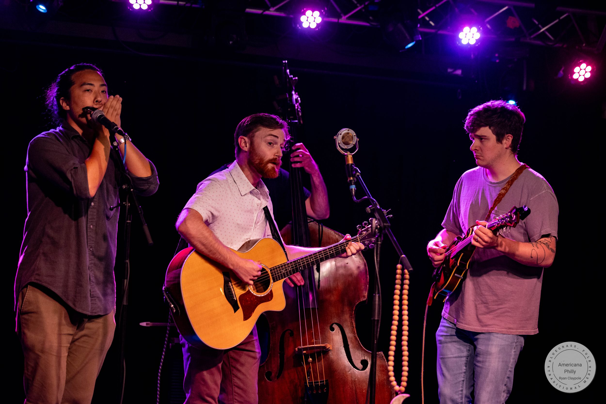 Four musicians perform on stage with guitar, bass, mandolin, and vocals under colorful stage lights.