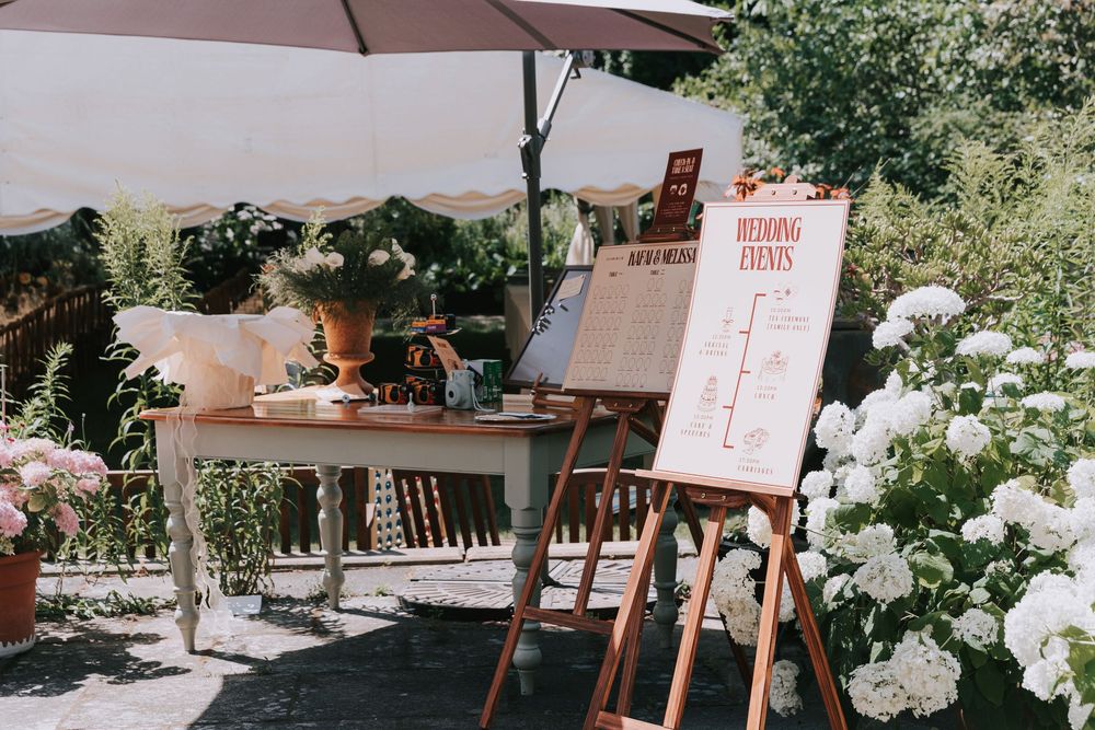 Outdoor wedding events sign on easel beside rustic table with white hydrangeas and greenery under umbrella.