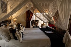 Luxurious safari suite with canopy bed, white sheer drapes, plush pillows, and warm ambient lighting.
