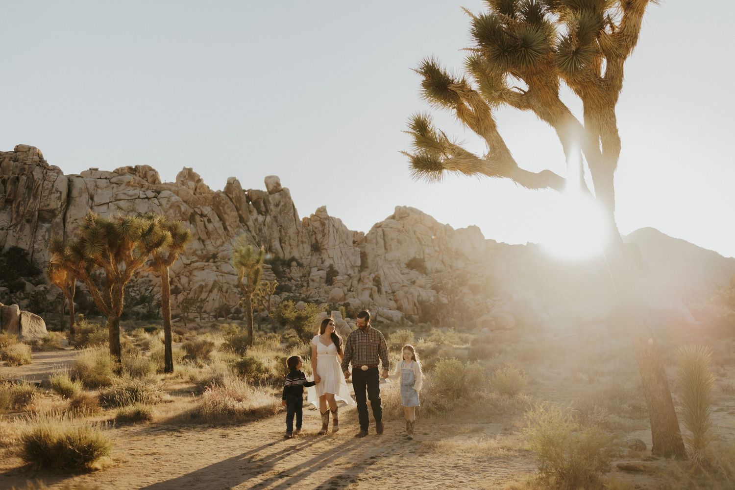 Family walking hand-in-hand at golden hour in Joshua Tree National Park with desert rocks and Joshua trees.