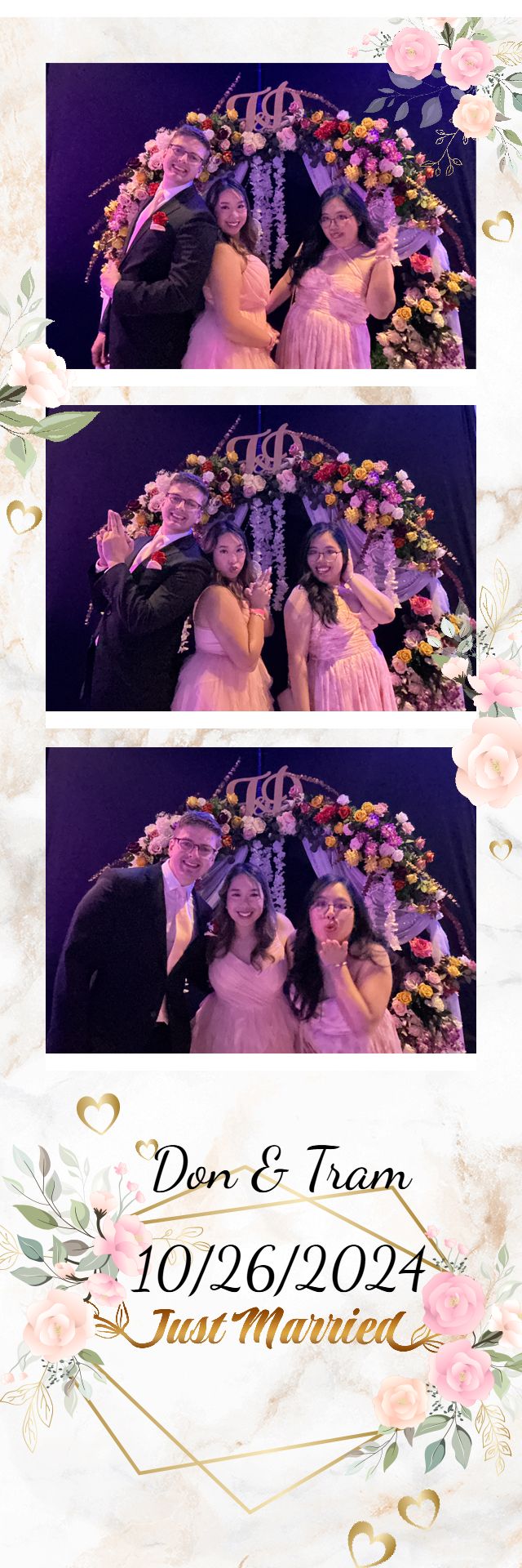 Wedding photobooth strip featuring three guests posing at Diamond Event Center in Tucson, AZ, captured by N&D Media.