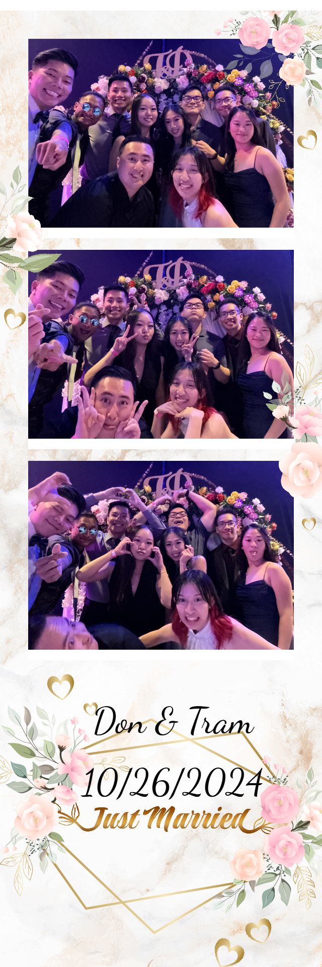 Group of friends posing together on a 2x6 wedding photobooth strip at Diamond Event Center in Tucson, by N&D Media Production.