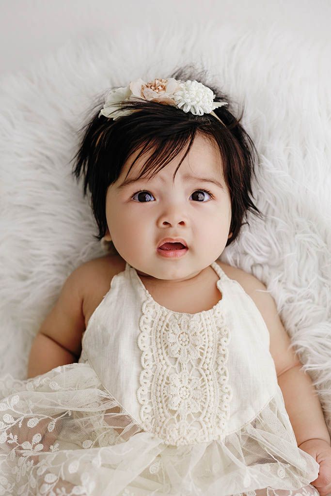 Adorable baby girl in white lace dress and floral headband lying on fluffy white fur blanket.