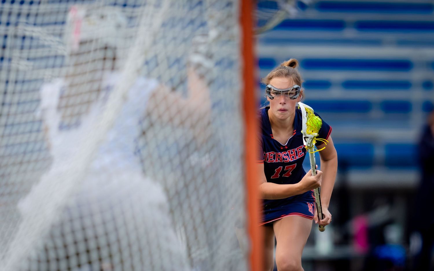 Hershey and Lampeter-Strasburg girls lacrosse game action near the goal, by Deanna Fox, SportsFox Photography based in Hershey PA
