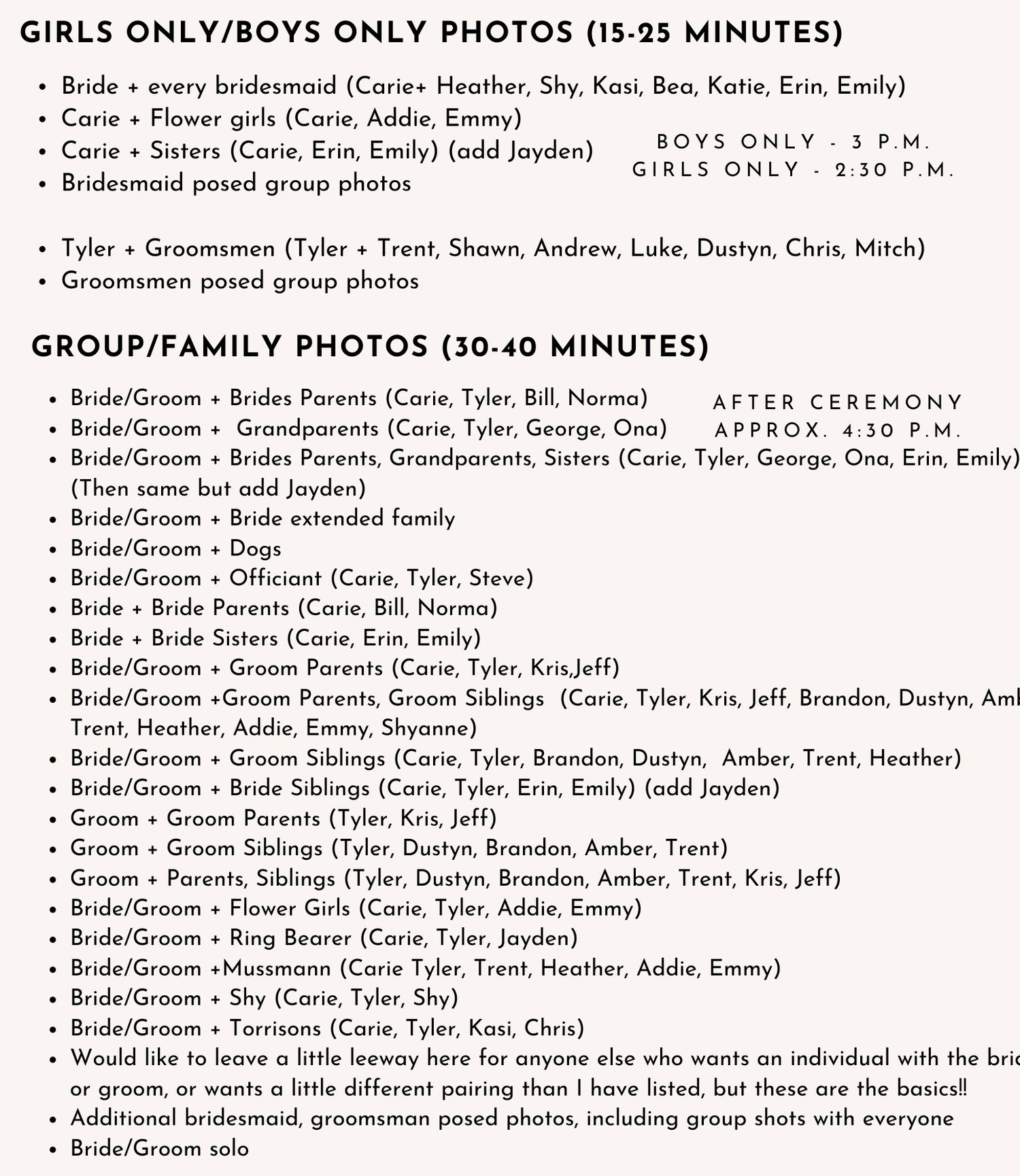 Wedding photography shot list detailing girls-only, boys-only, and group family photo schedules with timing instructions.