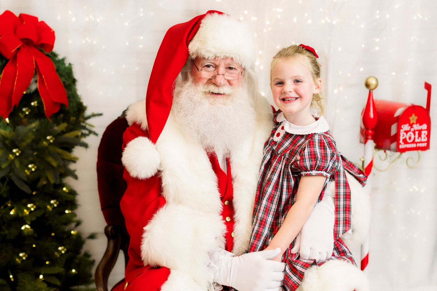 A young girl in a plaid dress smiles beside Santa Claus near a Christmas tree with a North Pole mailbox.
