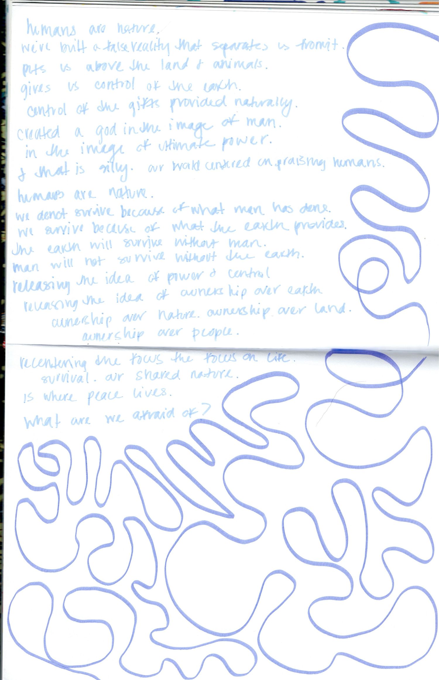 Handwritten journal page with blue ink text about humans and nature, decorated with abstract wavy doodles at the bottom.