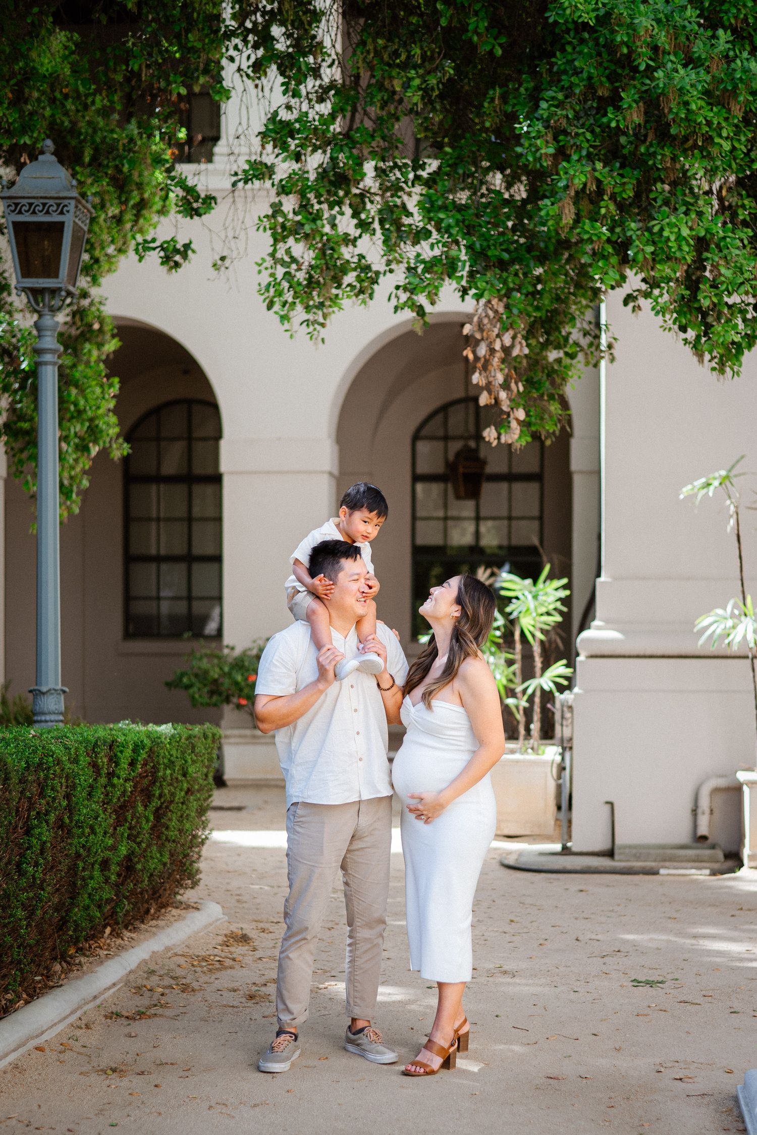Family strolling with baby carriage among tall palm trees in a sunny park.