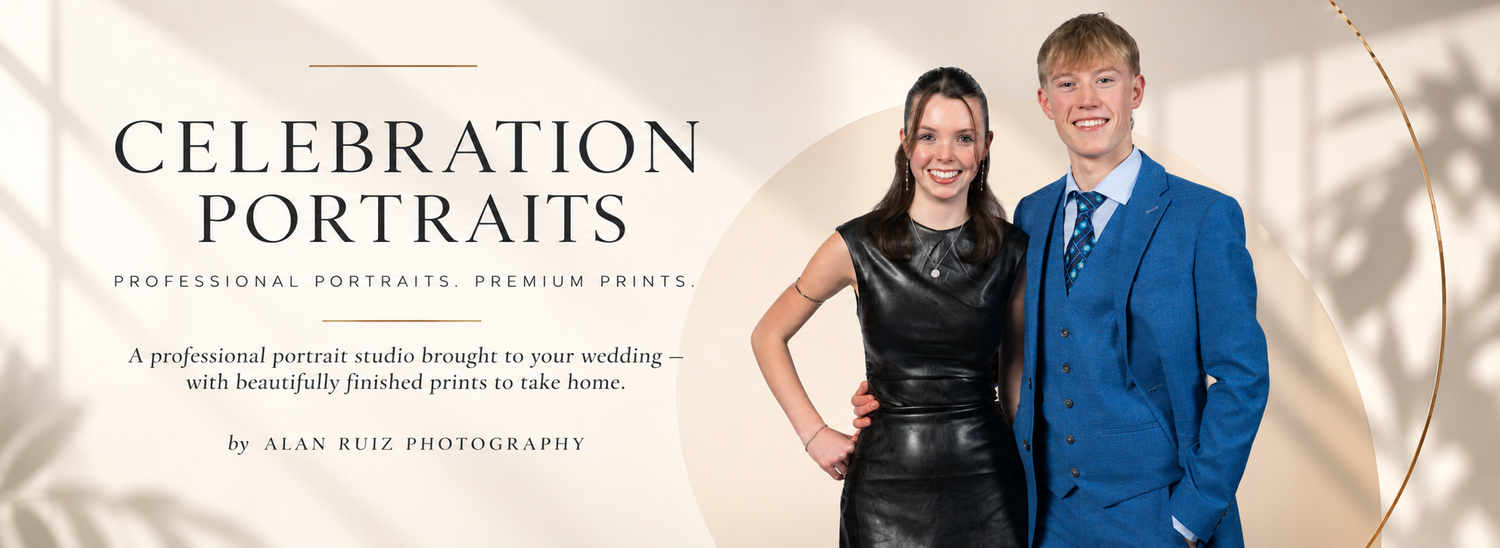 A professional portrait studio banner for Celebration Portraits by Alan Ruiz Photography featuring elegantly dressed couple.