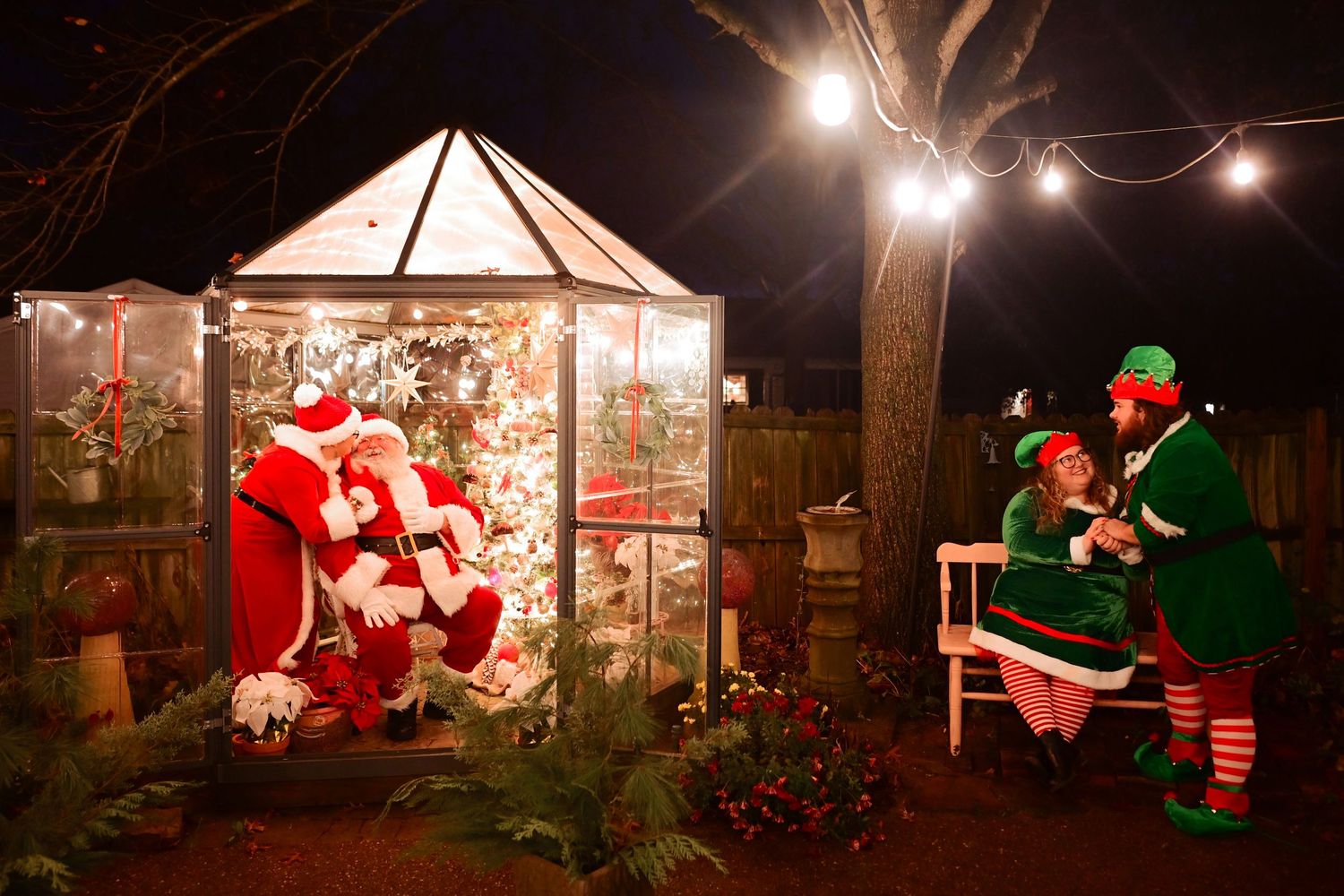 Santa Claus in a festive greenhouse with two elves outside under string lights at night during Christmas.