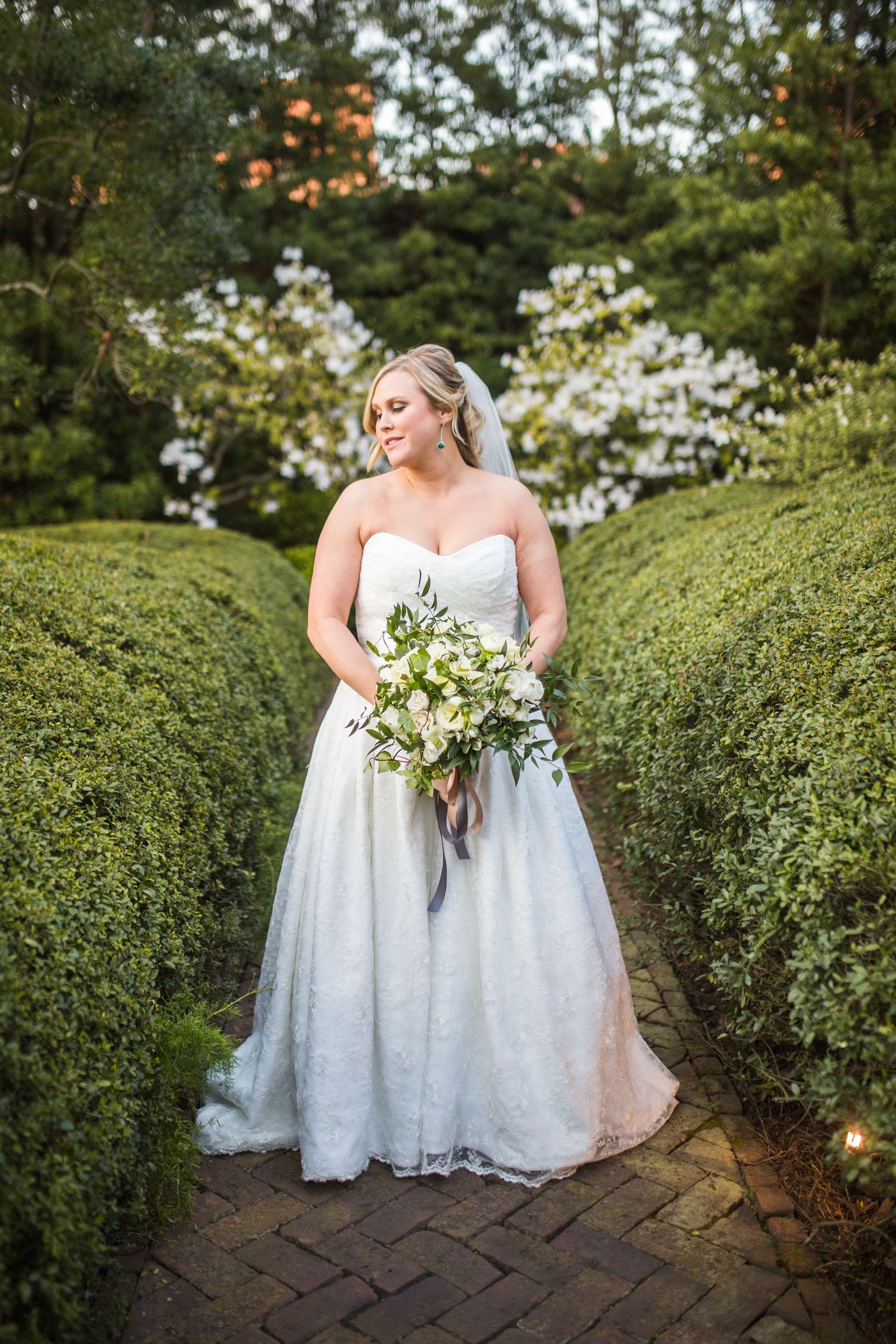 Bride in strapless lace ball gown holding white floral bouquet standing between manicured hedges in garden.