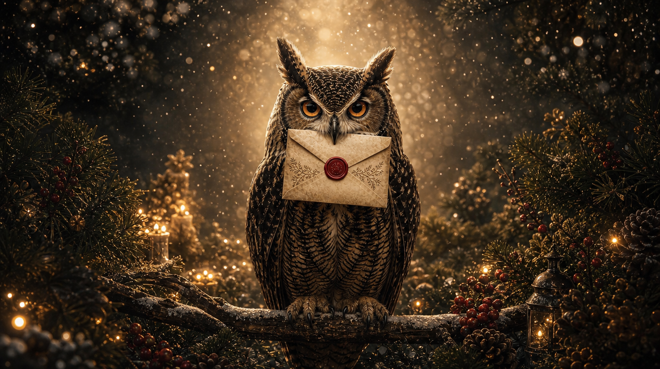 A majestic owl perched on a branch holds a sealed envelope with a red wax seal amid glowing bokeh lights.