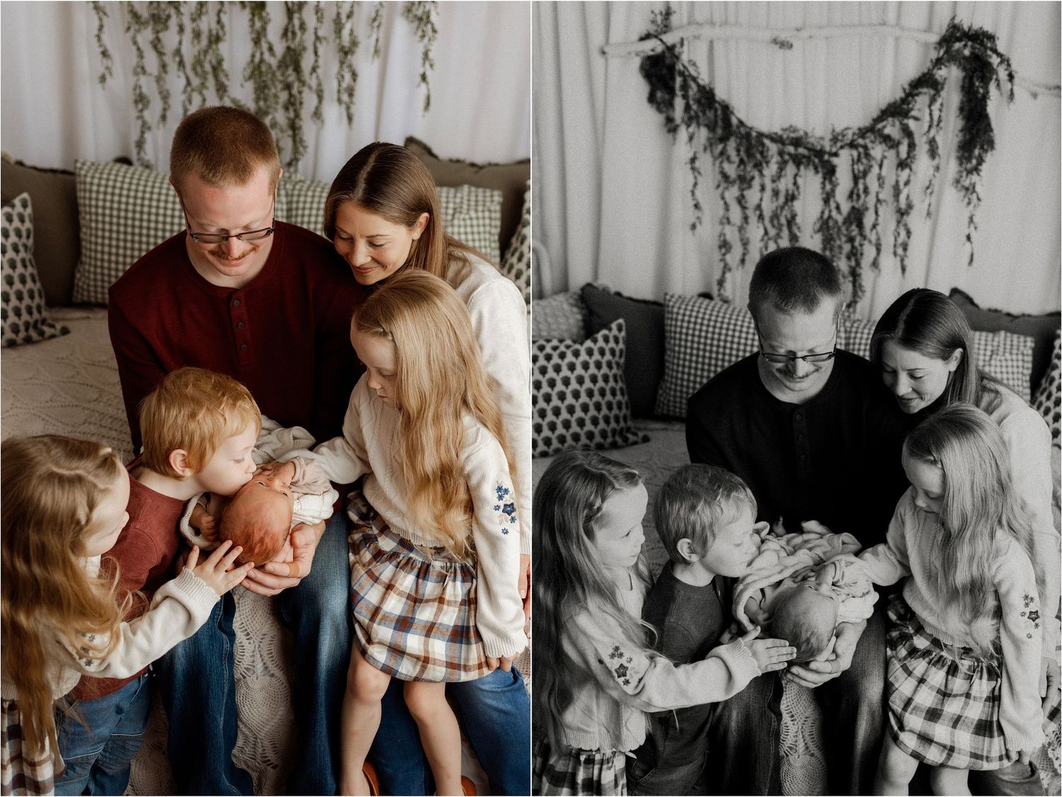 Family of five gathered on a couch, parents and three children sharing a tender moment, shown in color and black-and-white.