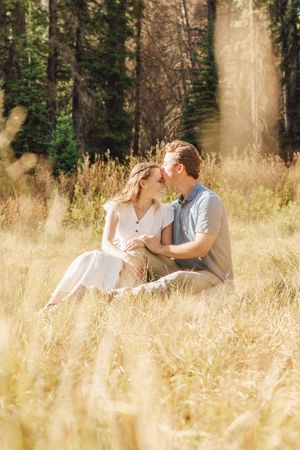 Couple sitting in golden meadow grass, leaning in for a kiss, surrounded by tall pine trees in warm sunlight.