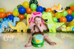 Baby boy celebrates first birthday with dinosaur cake smash, surrounded by colorful dino cutouts and balloon garland.