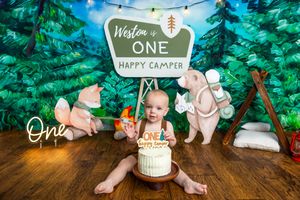 Baby boy celebrates first birthday with ONE Happy Camper cake smash in forest-themed photo session.