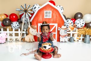 Baby in cowboy hat smashes first birthday cake at farm-themed photo shoot with barn backdrop and animal toys.