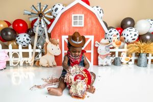 Baby in cowboy hat smashes first birthday cake at farm-themed photo shoot with barn backdrop and balloons.