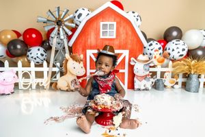Baby in farm-themed cake smash photo with red barn backdrop, balloons, and cow print decorations.