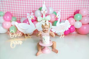 Baby girl celebrates first birthday smashing a cake surrounded by duck decorations and pink balloons.