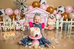 Baby girl in denim overalls smashes first birthday cake at a farm-themed party with cow print balloons and pink decor.