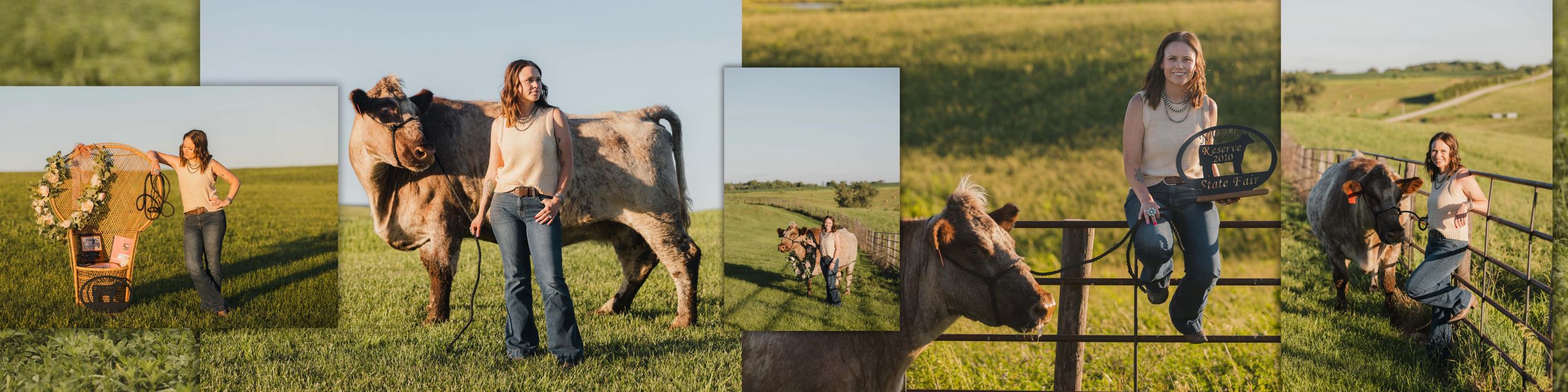 Woman in casual attire poses with a brown cow in a lush green pasture during golden hour photography session.