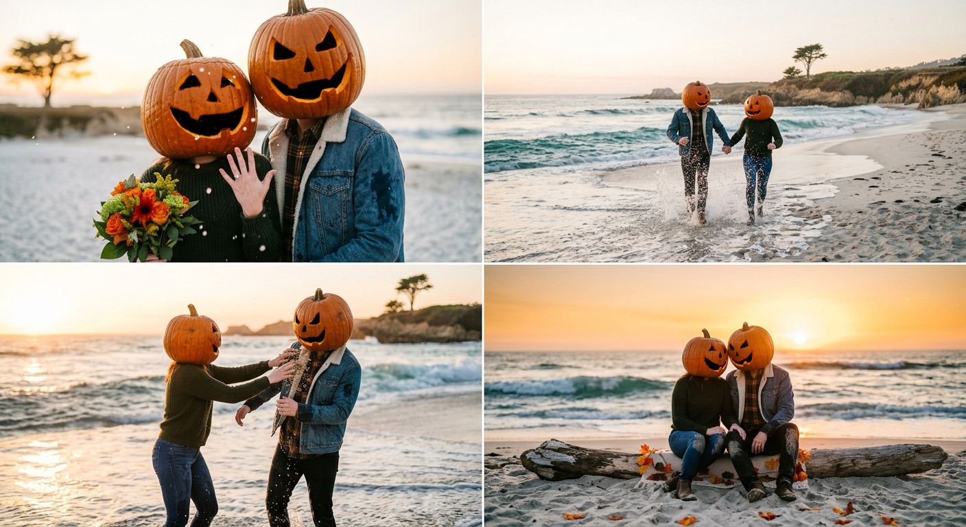 Couples with pumpkin heads pose on a beach at sunset in a fun Halloween-themed engagement photo session.