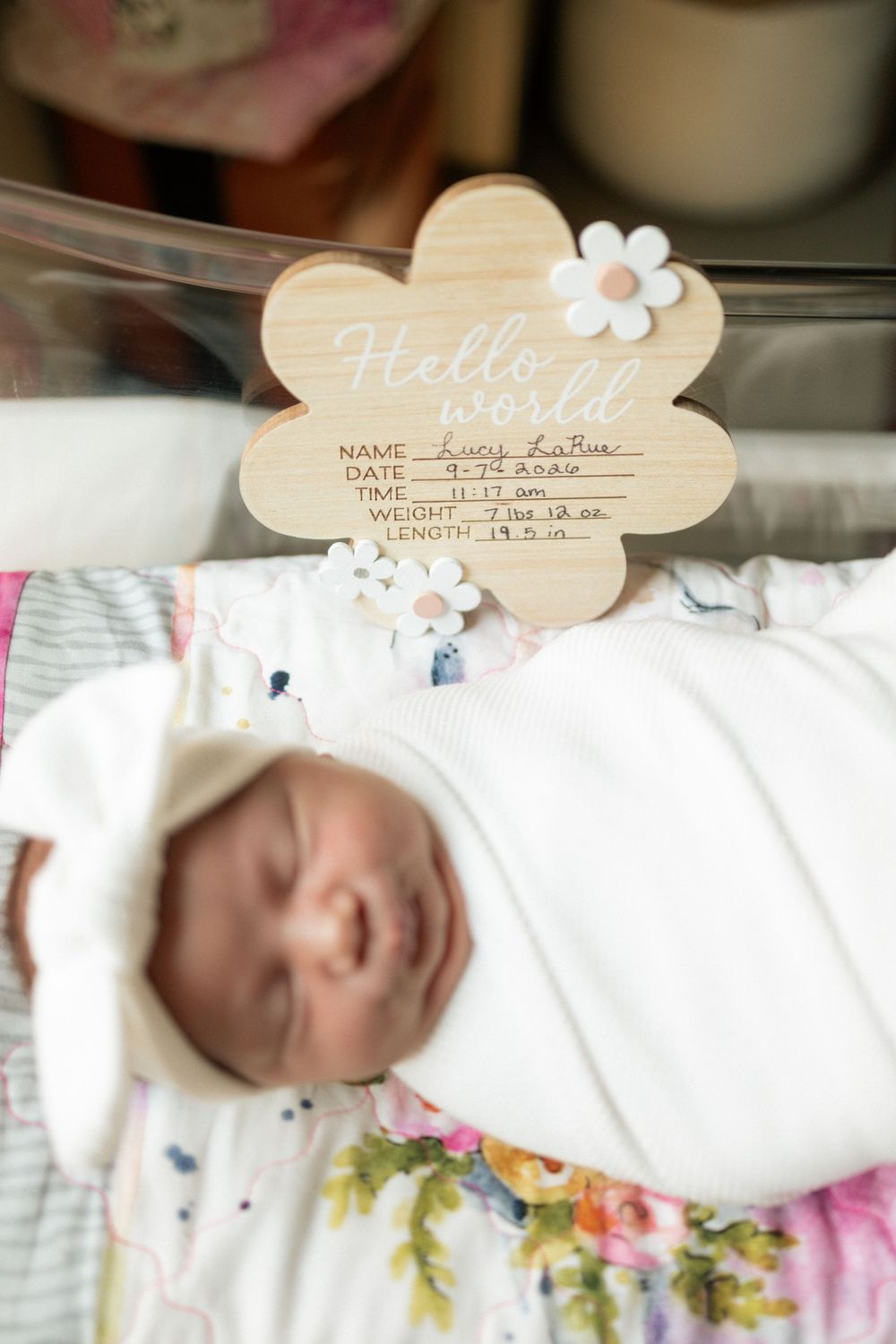 Newborn baby girl Lucy LaRue swaddled in floral blanket with Hello World wooden birth announcement sign.