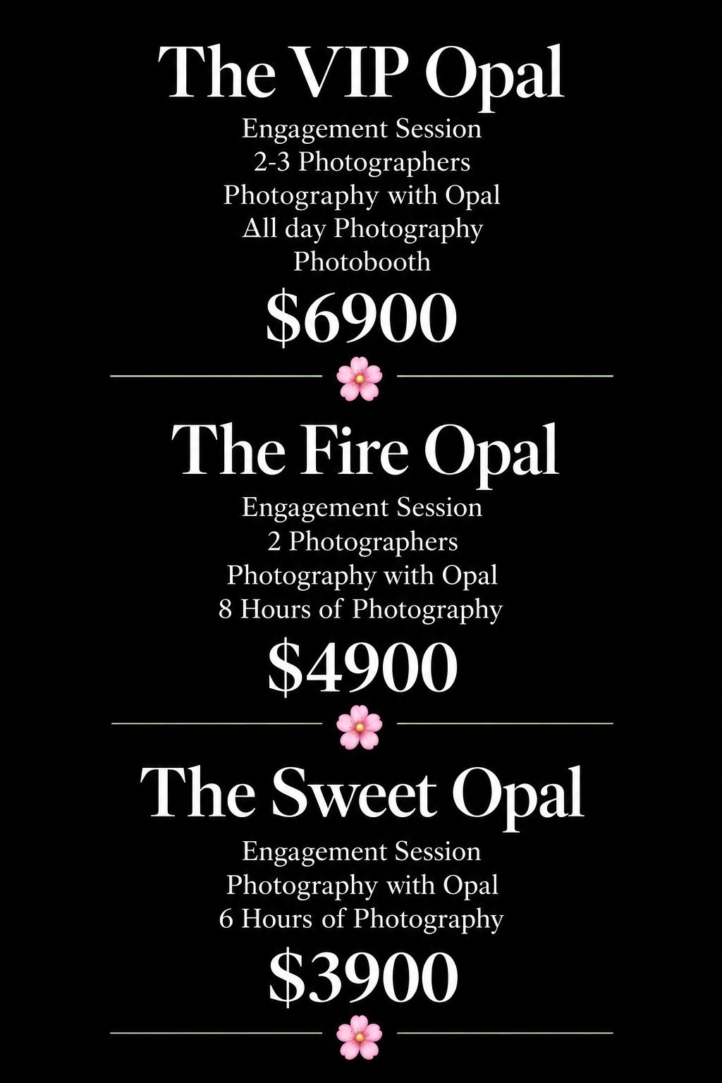 Wedding photography pricing packages including VIP Opal at $6900, Fire Opal at $4900, and Sweet Opal at $3900.