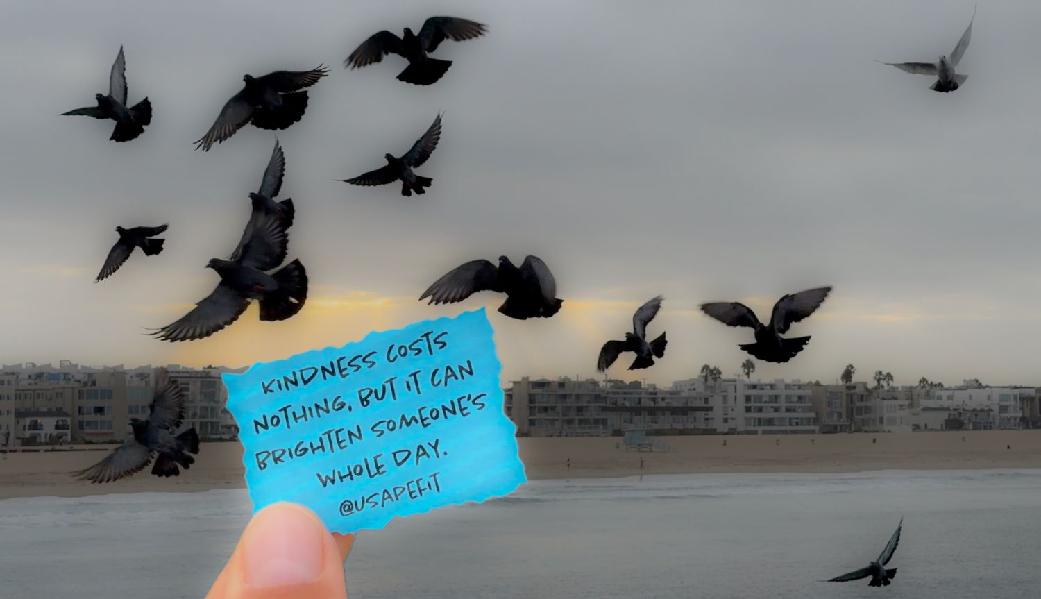 Hand holding a blue note with kindness quote among flying birds over a coastal city skyline on a cloudy day.