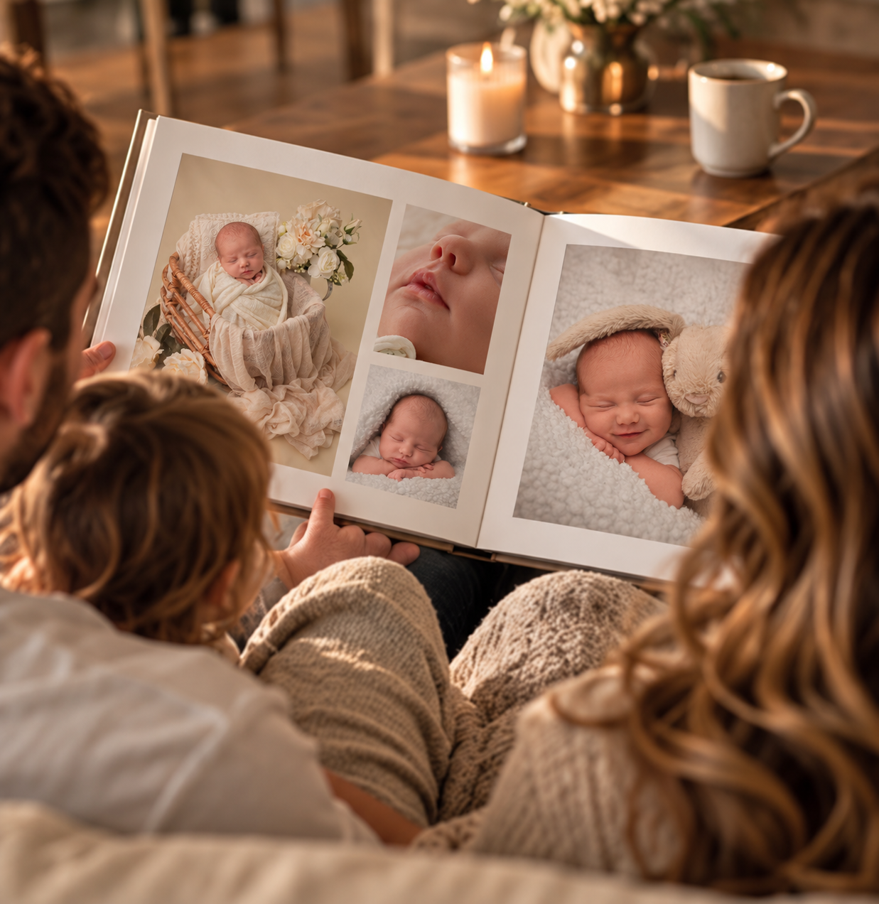 Family looking at a photo album together on a couch, featuring maternity and newborn photos in warm tones.