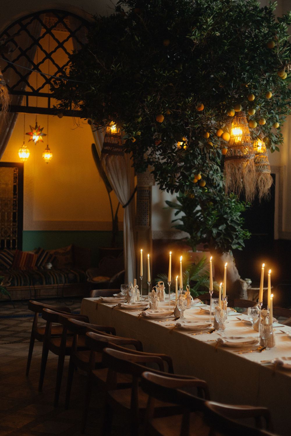 Candle lit wedding reception dinner in Marakesh