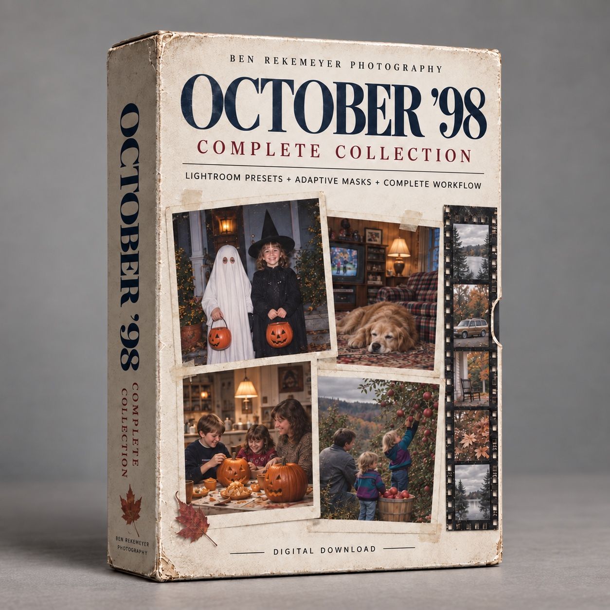 Vintage-style box set for October 98 Complete Collection Lightroom presets featuring Halloween-themed photography samples.