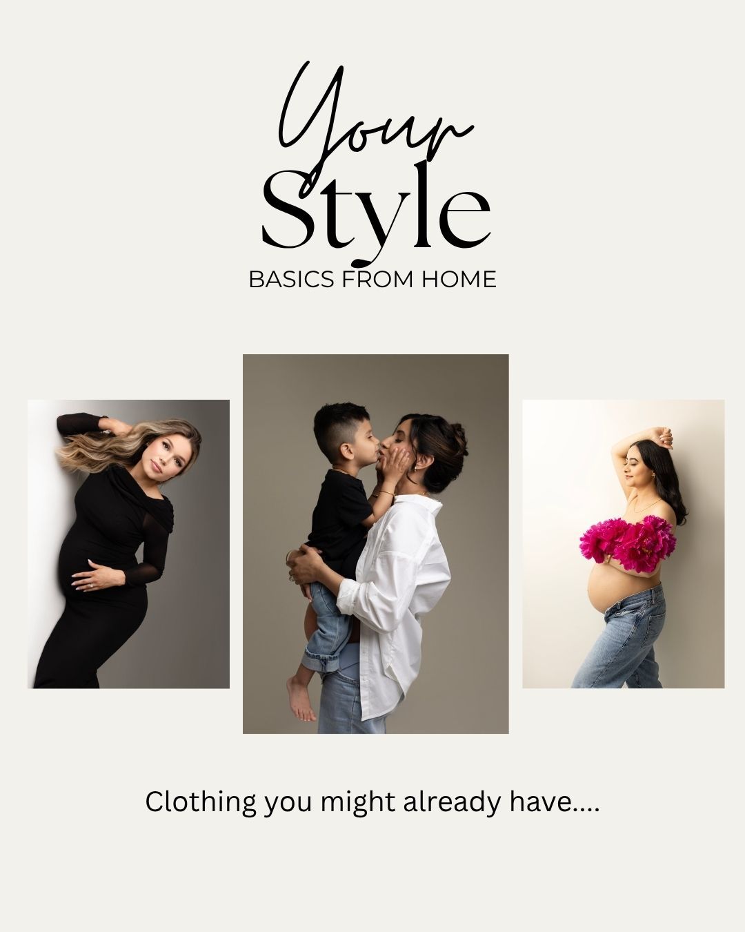 Maternity fashion collage showing three pregnant women styled in black crop top, white shirt, and jeans with flowers.