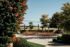 A panoramic view of a sunny outdoor patio area with red flowering plants and trees in the background.