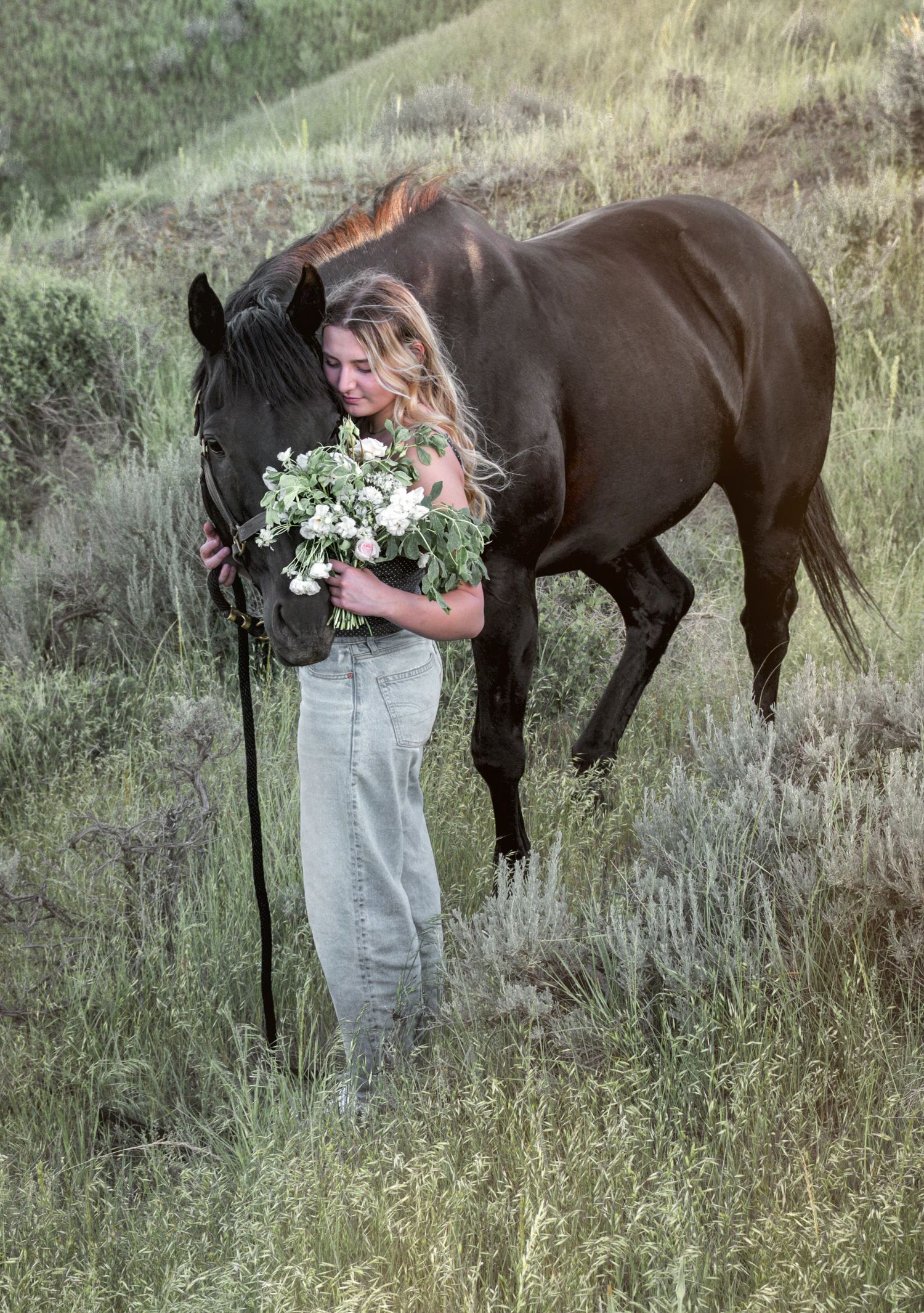 A series of photos showing a brown horse in a grassy field adorned with white flowers and decorative elements.