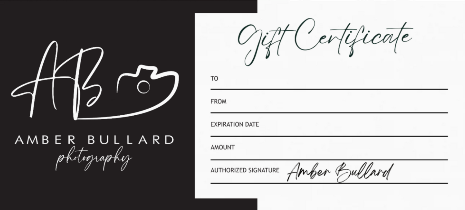 Black and white photography gift certificate template with elegant signature design.
