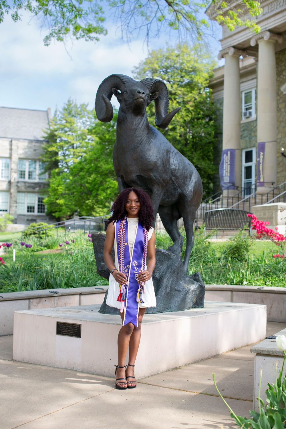 Graduate in purple sash posing proudly in front of a large ram statue on a college campus.