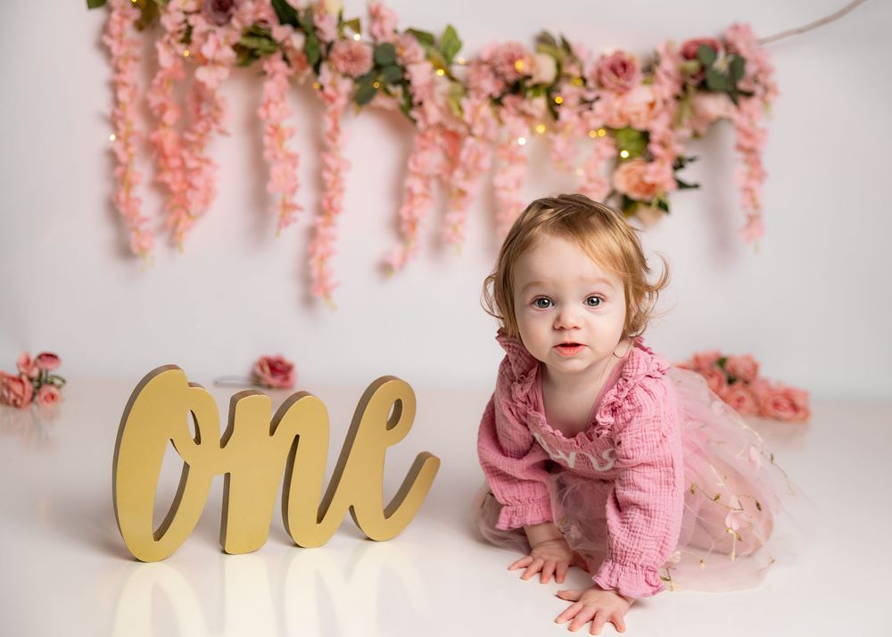 Pink floral backdrop with gold 'ONE' text decoration and small child in pink dress sitting on floor.