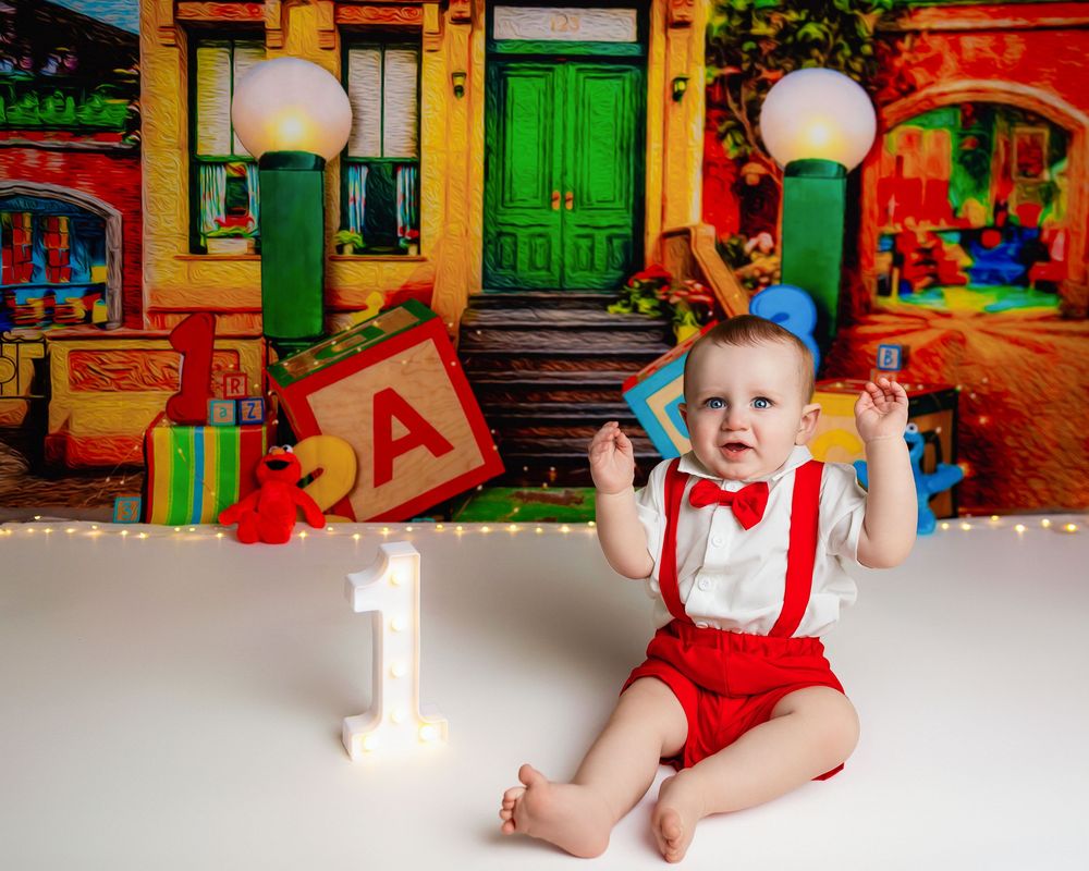 Baby boy in red suspenders sits before a colorful Sesame Street backdrop celebrating his 1st birthday.