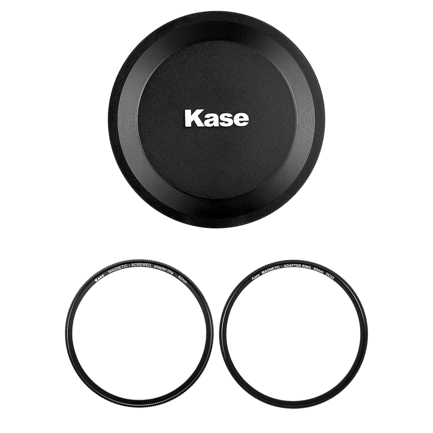 Black circular Kase brand camera lens cap with two protective filter rings displayed on white background.