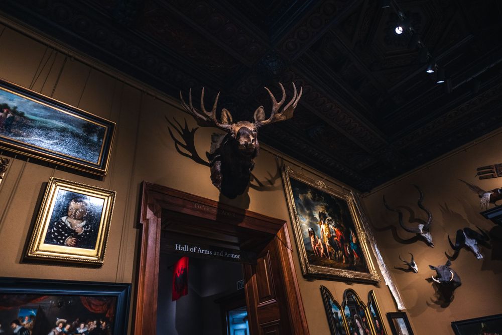 A mounted deer head hangs on a dark wood-paneled wall alongside framed artwork and other hunting trophies in dim lighting.