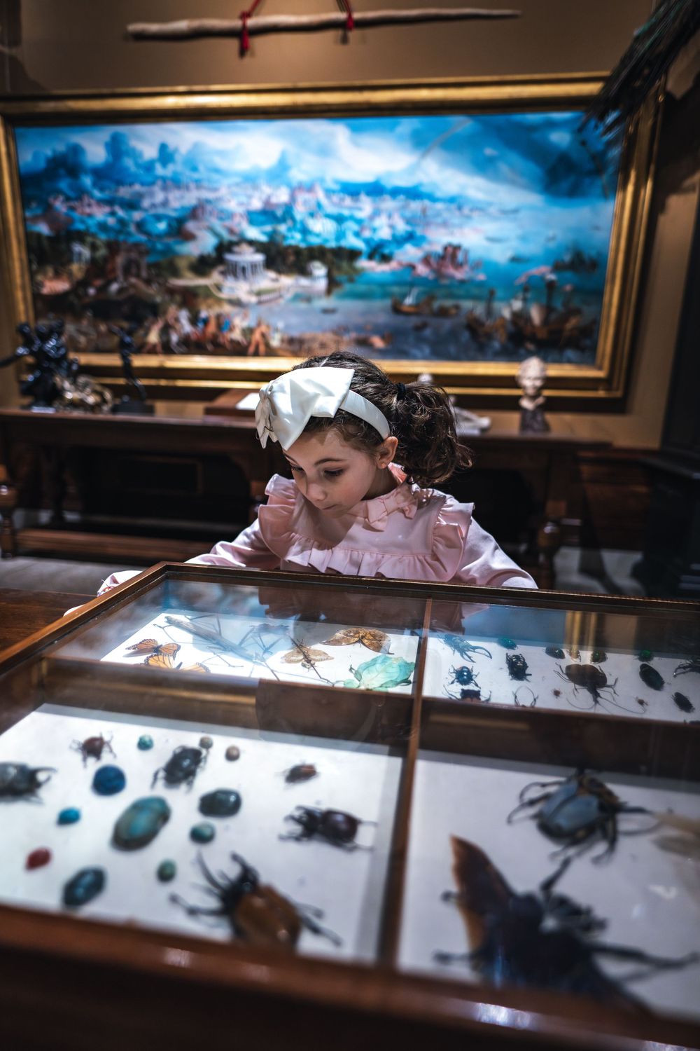Person in Victorian dress examines specimens in an antique display case with a blue landscape painting in background.