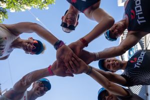 Low angle view of a team joining hands together in a huddle against blue sky and tree branches.