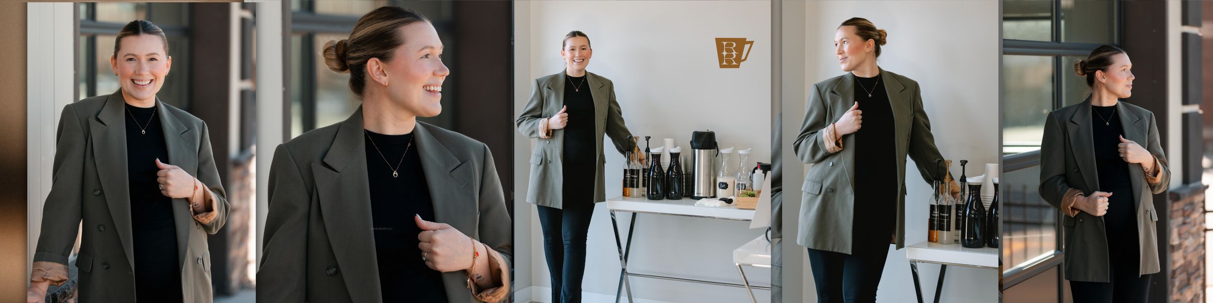 A sequence of five images showing dynamic office movement in casual workwear against a modern business interior.