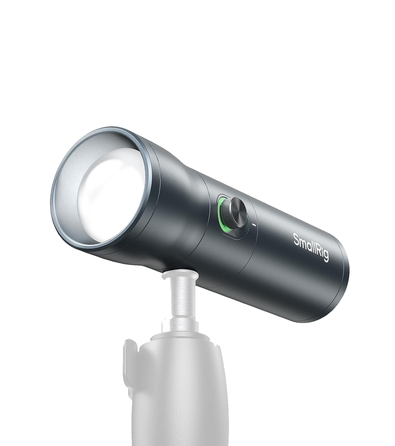 A sleek black metal flashlight with LED bulb mounted on white stand features power button and bright illumination.